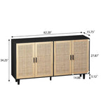 4-Door Rattan Storage Cabinet with Solid Wood Legs