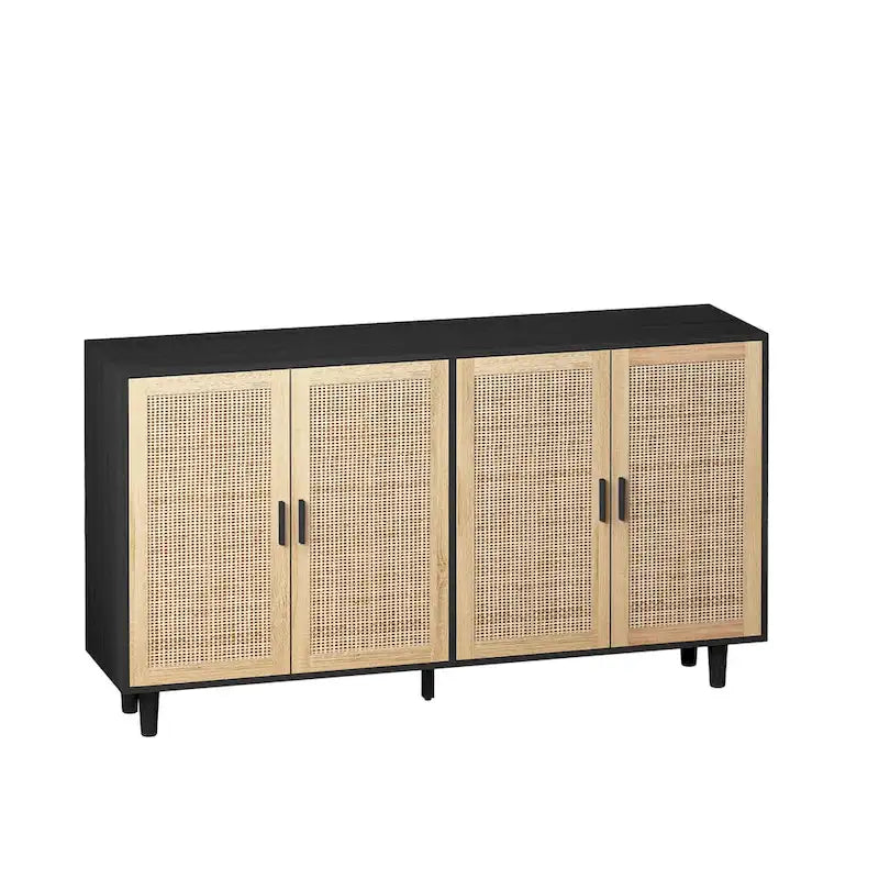 4-Door Rattan Storage Cabinet with Solid Wood Legs