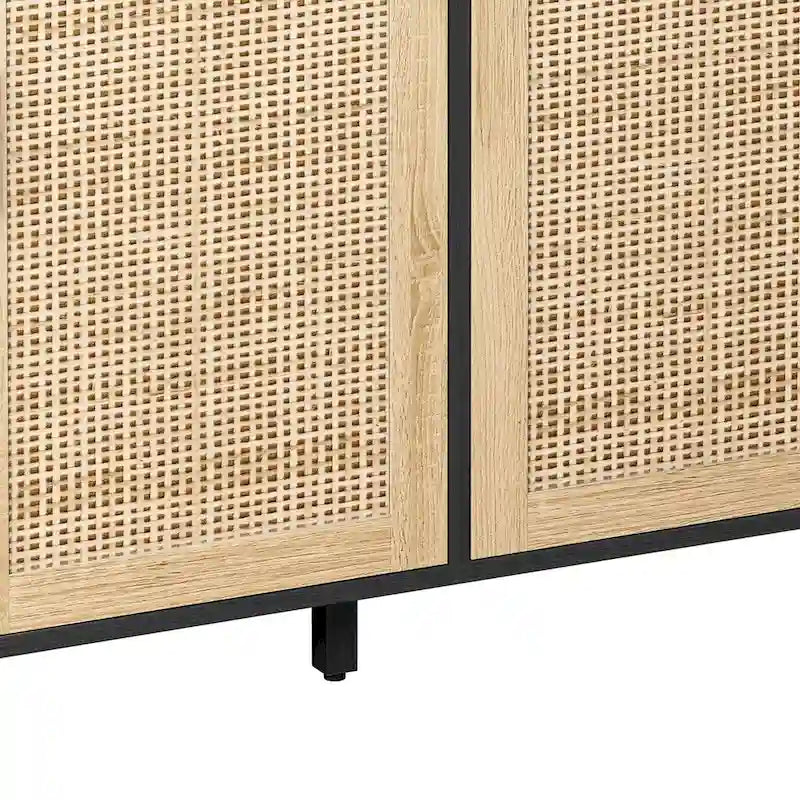 4-Door Rattan Storage Cabinet with Solid Wood Legs