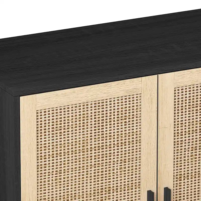 4-Door Rattan Storage Cabinet with Solid Wood Legs