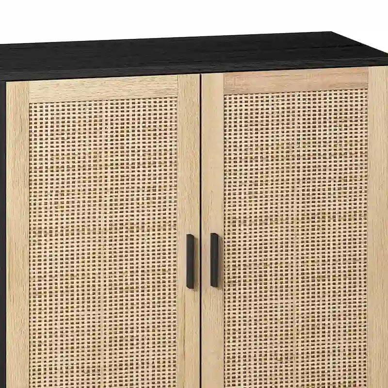 4-Door Rattan Storage Cabinet with Solid Wood Legs