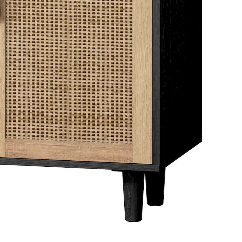 4-Door Rattan Storage Cabinet with Solid Wood Legs