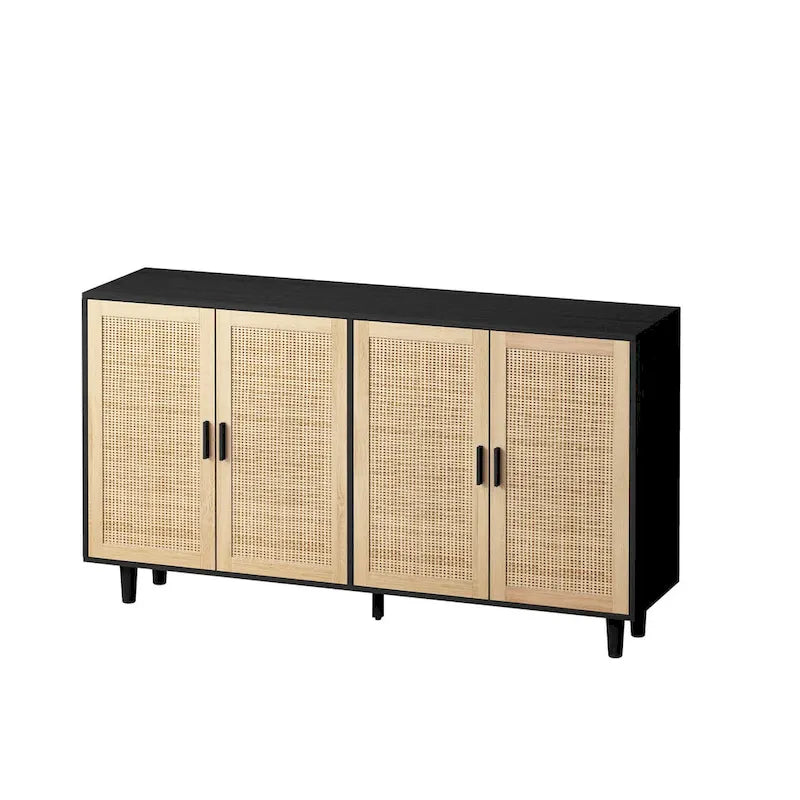 4-Door Rattan Storage Cabinet with Solid Wood Legs