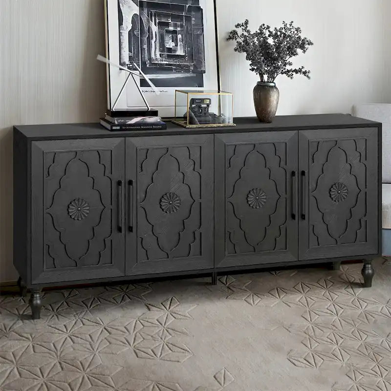 Large Storage Cabinet with Carved Door and Metal Handles