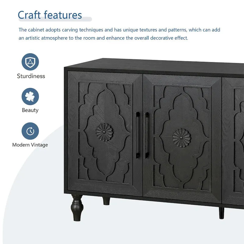 Large Storage Cabinet with Carved Door and Metal Handles