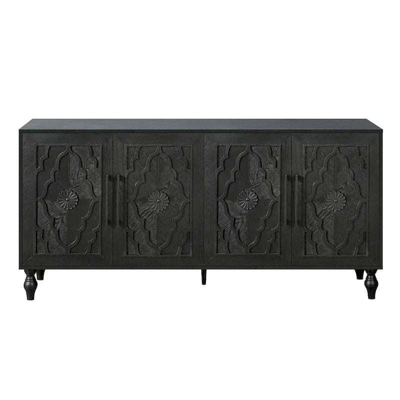 Large Storage Cabinet with Carved Door and Metal Handles